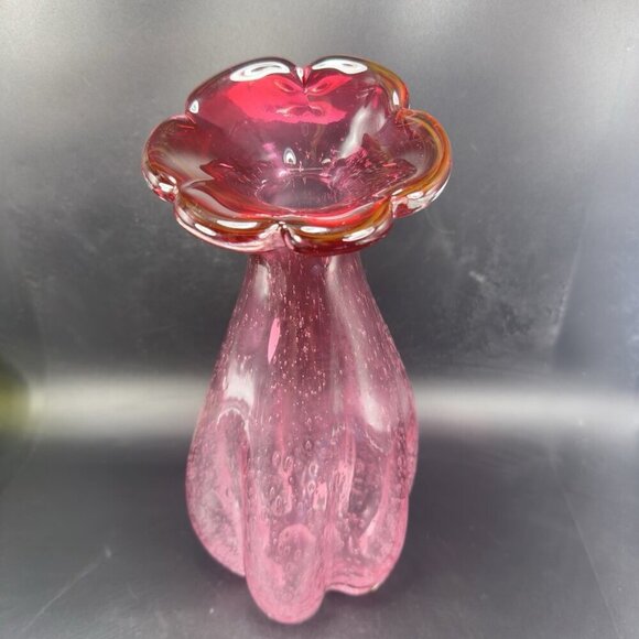Large Art Glass Vase Vessel Pink Flower Shape Vas With Air Bubbles All Over Vase - Picture 12 of 16